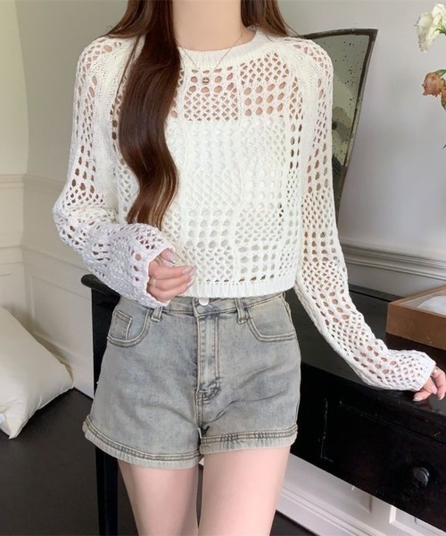 Beststore(ベストストア)の「クロシェ風 メッシュ かぎ編み ニット トップス ショート丈 長袖 透け感(ニット/セーター・レディース・ホワイト/ブラック/アイボリー/ピンク・FREE)」の10枚目の写真