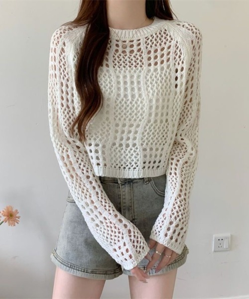 Beststore(ベストストア)の「クロシェ風 メッシュ かぎ編み ニット トップス ショート丈 長袖 透け感(ニット/セーター・レディース・ホワイト/ブラック/アイボリー/ピンク・FREE)」の11枚目の写真