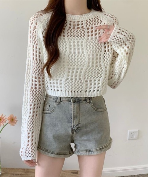 Beststore(ベストストア)の「クロシェ風 メッシュ かぎ編み ニット トップス ショート丈 長袖 透け感(ニット/セーター・レディース・ホワイト/ブラック/アイボリー/ピンク・FREE)」の12枚目の写真