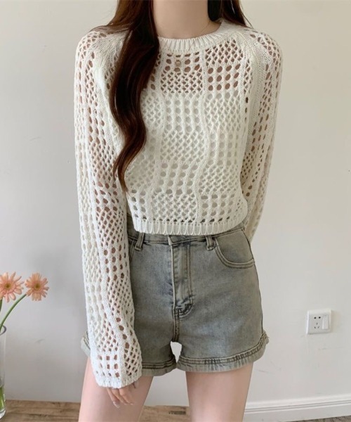 Beststore(ベストストア)の「クロシェ風 メッシュ かぎ編み ニット トップス ショート丈 長袖 透け感(ニット/セーター・レディース・ホワイト/ブラック/アイボリー/ピンク・FREE)」の13枚目の写真