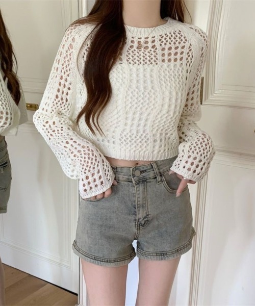 Beststore(ベストストア)の「クロシェ風 メッシュ かぎ編み ニット トップス ショート丈 長袖 透け感(ニット/セーター・レディース・ホワイト/ブラック/アイボリー/ピンク・FREE)」の14枚目の写真