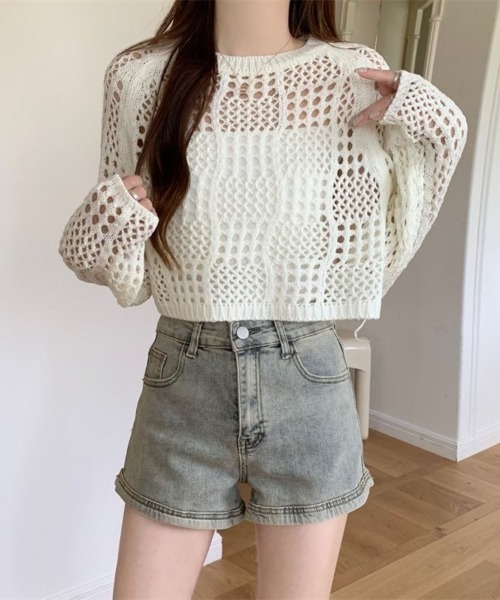 Beststore(ベストストア)の「クロシェ風 メッシュ かぎ編み ニット トップス ショート丈 長袖 透け感(ニット/セーター・レディース・ホワイト/ブラック/アイボリー/ピンク・FREE)」の15枚目の写真