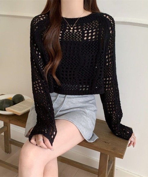 Beststore(ベストストア)の「クロシェ風 メッシュ かぎ編み ニット トップス ショート丈 長袖 透け感(ニット/セーター・レディース・ホワイト/ブラック/アイボリー/ピンク・FREE)」の17枚目の写真