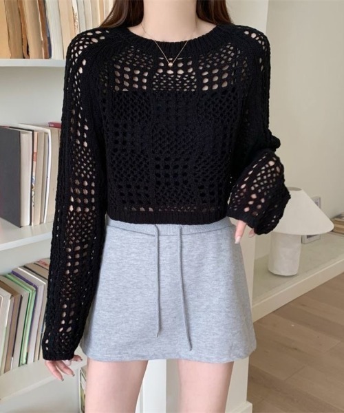 Beststore(ベストストア)の「クロシェ風 メッシュ かぎ編み ニット トップス ショート丈 長袖 透け感(ニット/セーター・レディース・ホワイト/ブラック/アイボリー/ピンク・FREE)」の19枚目の写真