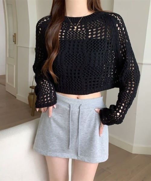 Beststore(ベストストア)の「クロシェ風 メッシュ かぎ編み ニット トップス ショート丈 長袖 透け感(ニット/セーター・レディース・ホワイト/ブラック/アイボリー/ピンク・FREE)」の21枚目の写真