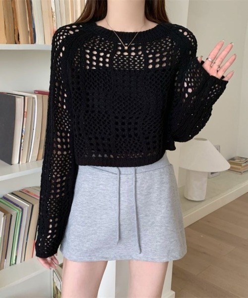 Beststore(ベストストア)の「クロシェ風 メッシュ かぎ編み ニット トップス ショート丈 長袖 透け感(ニット/セーター・レディース・ホワイト/ブラック/アイボリー/ピンク・FREE)」の22枚目の写真