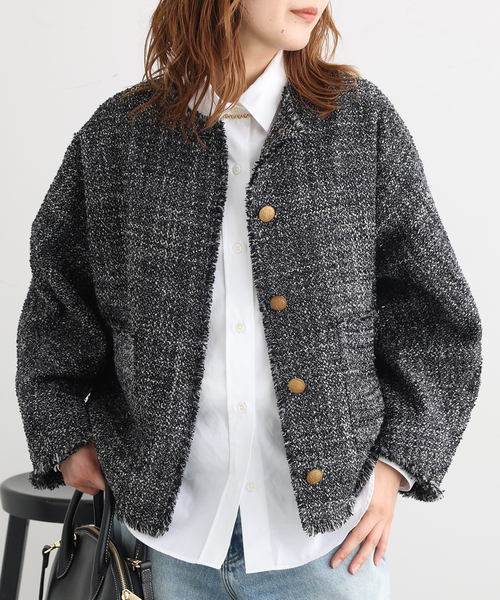journal standard L'essage(ジャーナルスタンダードレサージュ)の「【一部店舗&WEB限定】GIOLICAツイードドルマンジャケット(ノーカラージャケット・レディース・ベージュ/ブラック系その他・FREE)」の2枚目の写真