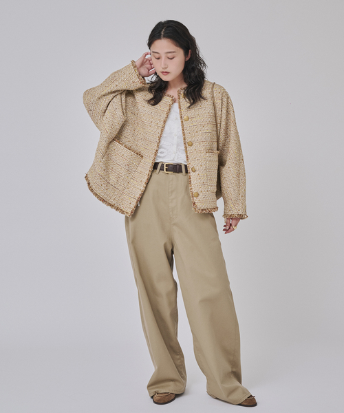 journal standard L'essage(ジャーナルスタンダードレサージュ)の「【一部店舗&WEB限定】GIOLICAツイードドルマンジャケット(ノーカラージャケット・レディース・ベージュ/ブラック系その他・FREE)」の4枚目の写真