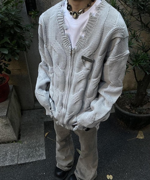 Ressaca(レサーカ)の「ダメージ加工ジップニットカーディガン(カーディガン/ボレロ・メンズ・グレー/ブラック・M/L)」の5枚目の写真