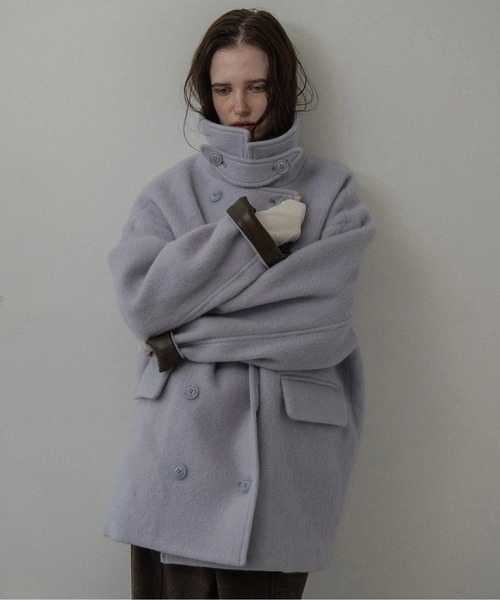 lawgy(ラウジー)の「2way collar contrast cuff double coat / 2wayカラーコントラストカフダブルコート(ステンカラーコート・レディース・ブルー系/オートミール/ミックスグレー・FREE)」の3枚目の写真