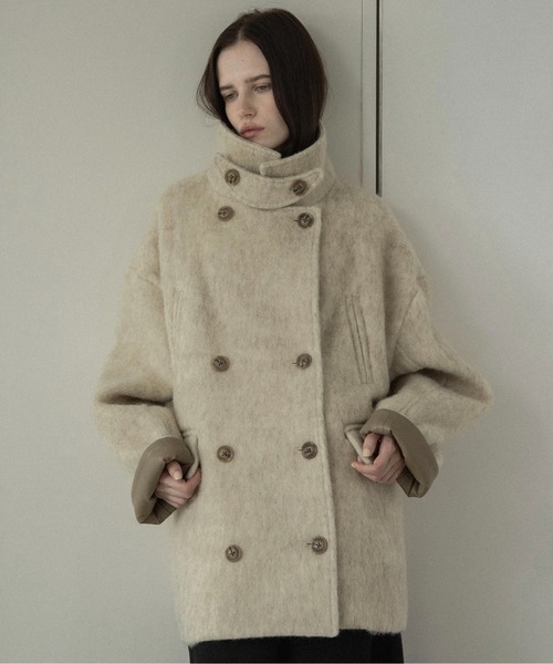 lawgy(ラウジー)の「2way collar contrast cuff double coat / 2wayカラーコントラストカフダブルコート(ステンカラーコート・レディース・ブルー系/オートミール/ミックスグレー・FREE)」の1枚目の写真