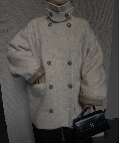 lawgy(ラウジー)の「2way collar contrast cuff double coat / 2wayカラーコントラストカフダブルコート(ステンカラーコート・レディース・ブルー系/オートミール/ミックスグレー・FREE)」の6枚目の写真