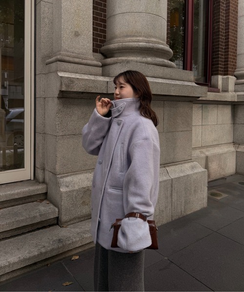 lawgy(ラウジー)の「2way collar contrast cuff double coat / 2wayカラーコントラストカフダブルコート(ステンカラーコート・レディース・ブルー系/オートミール/ミックスグレー・FREE)」の7枚目の写真