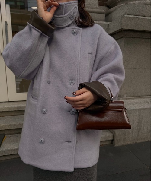lawgy(ラウジー)の「2way collar contrast cuff double coat / 2wayカラーコントラストカフダブルコート(ステンカラーコート・レディース・ブルー系/オートミール/ミックスグレー・FREE)」の8枚目の写真