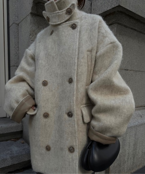 lawgy(ラウジー)の「2way collar contrast cuff double coat / 2wayカラーコントラストカフダブルコート(ステンカラーコート・レディース・ブルー系/オートミール/ミックスグレー・FREE)」の11枚目の写真