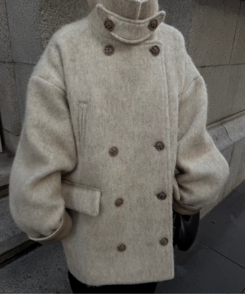 lawgy(ラウジー)の「2way collar contrast cuff double coat / 2wayカラーコントラストカフダブルコート(ステンカラーコート・レディース・ブルー系/オートミール/ミックスグレー・FREE)」の12枚目の写真