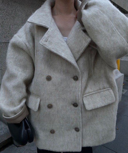 lawgy(ラウジー)の「2way collar contrast cuff double coat / 2wayカラーコントラストカフダブルコート(ステンカラーコート・レディース・ブルー系/オートミール/ミックスグレー・FREE)」の16枚目の写真