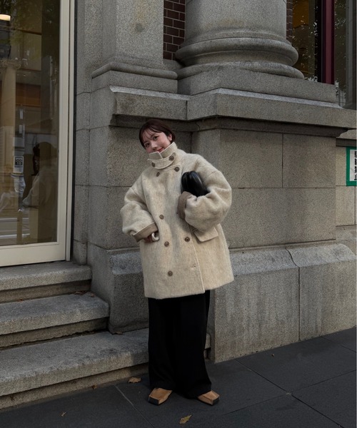 lawgy(ラウジー)の「2way collar contrast cuff double coat / 2wayカラーコントラストカフダブルコート(ステンカラーコート・レディース・ブルー系/オートミール/ミックスグレー・FREE)」の14枚目の写真