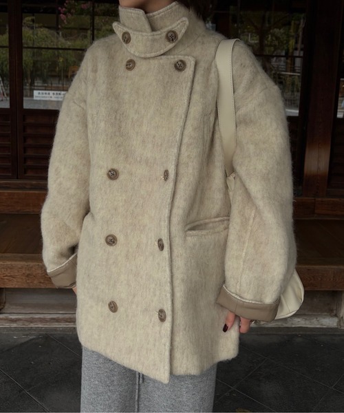 lawgy(ラウジー)の「2way collar contrast cuff double coat / 2wayカラーコントラストカフダブルコート(ステンカラーコート・レディース・ブルー系/オートミール/ミックスグレー・FREE)」の17枚目の写真