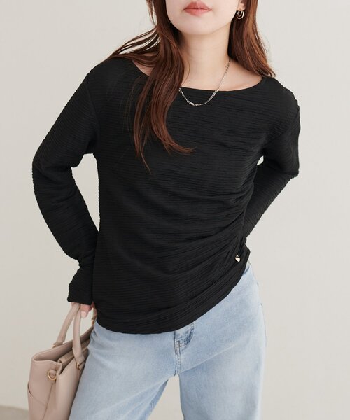 natural couture（ナチュラルクチュール）の「アシメドレーププルオーバー（Tシャツ/カットソー・レディース・ピンク/サックスブルー/ボルドー/ブラウン/アイボリー/ブラック・FREE）」の2枚目の写真
