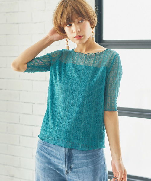 earth music&ecology(アースミュージックアンドエコロジー)の「・メロウネックレースプルオーバー(Tシャツ/カットソー)」|ブルーグリーン