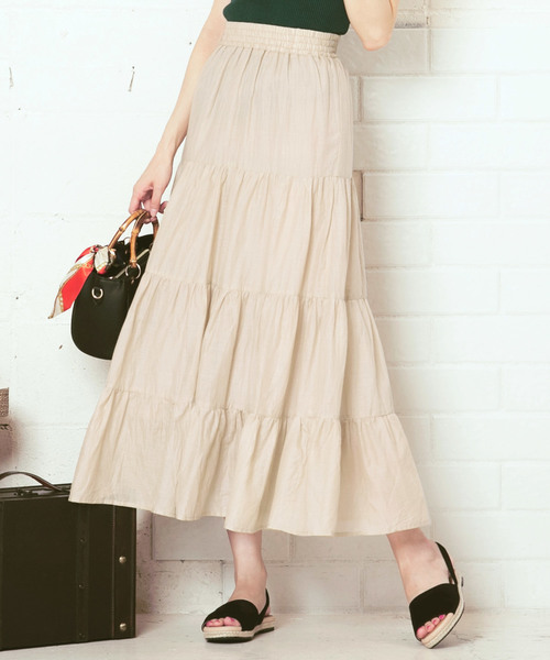 KOBE LETTUCE（コウベレタス）の「リネンタッチティアードマキシ丈フレアスカート（スカート・レディース・ベージュ/グリーン/パープル/ブラウン/ネイビー/ブラック/ダークベージュ/イエロー/ブルー/パープル系その他/アイボリー・FREE）」の5枚目の写真