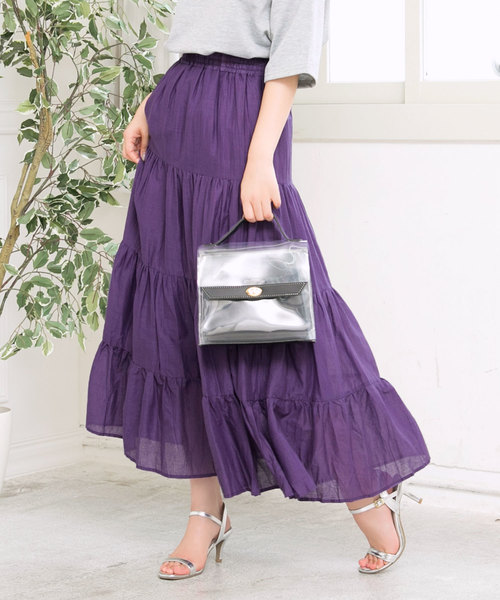 KOBE LETTUCE（コウベレタス）の「リネンタッチティアードマキシ丈フレアスカート（スカート・レディース・ベージュ/グリーン/パープル/ブラウン/ネイビー/ブラック/ダークベージュ/イエロー/ブルー/パープル系その他/アイボリー・FREE）」の9枚目の写真