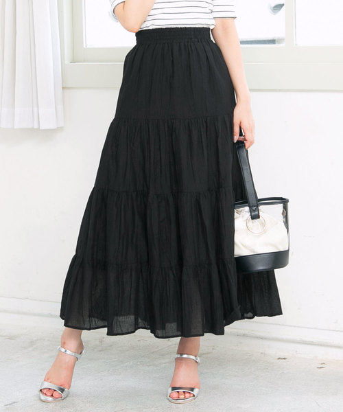 KOBE LETTUCE（コウベレタス）の「リネンタッチティアードマキシ丈フレアスカート（スカート・レディース・ベージュ/グリーン/パープル/ブラウン/ネイビー/ブラック/ダークベージュ/イエロー/ブルー/パープル系その他/アイボリー・FREE）」の3枚目の写真