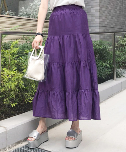 KOBE LETTUCE（コウベレタス）の「リネンタッチティアードマキシ丈フレアスカート（スカート・レディース・ベージュ/グリーン/パープル/ブラウン/ネイビー/ブラック/ダークベージュ/イエロー/ブルー/パープル系その他/アイボリー・FREE）」の15枚目の写真