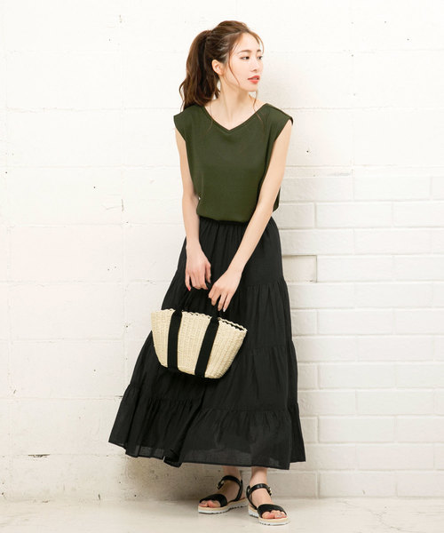 KOBE LETTUCE（コウベレタス）の「リネンタッチティアードマキシ丈フレアスカート（スカート・レディース・ベージュ/グリーン/パープル/ブラウン/ネイビー/ブラック/ダークベージュ/イエロー/ブルー/パープル系その他/アイボリー・FREE）」の16枚目の写真