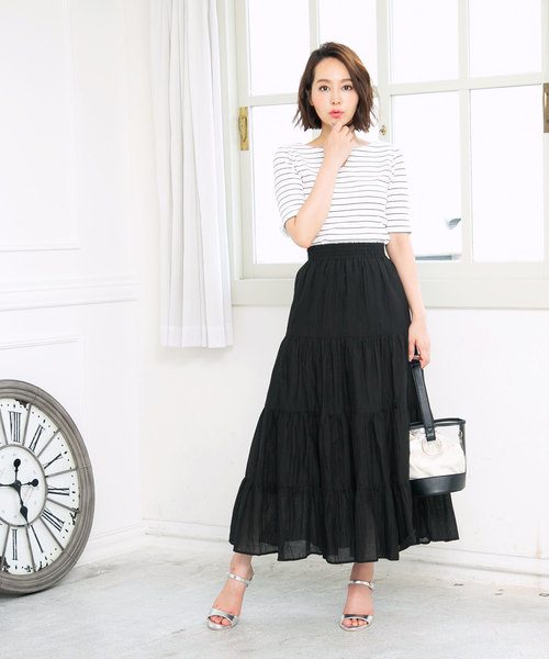 KOBE LETTUCE（コウベレタス）の「リネンタッチティアードマキシ丈フレアスカート（スカート・レディース・ベージュ/グリーン/パープル/ブラウン/ネイビー/ブラック/ダークベージュ/イエロー/ブルー/パープル系その他/アイボリー・FREE）」の18枚目の写真