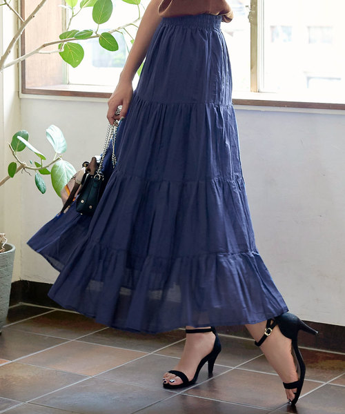 KOBE LETTUCE（コウベレタス）の「リネンタッチティアードマキシ丈フレアスカート（スカート・レディース・ベージュ/グリーン/パープル/ブラウン/ネイビー/ブラック/ダークベージュ/イエロー/ブルー/パープル系その他/アイボリー・FREE）」の20枚目の写真