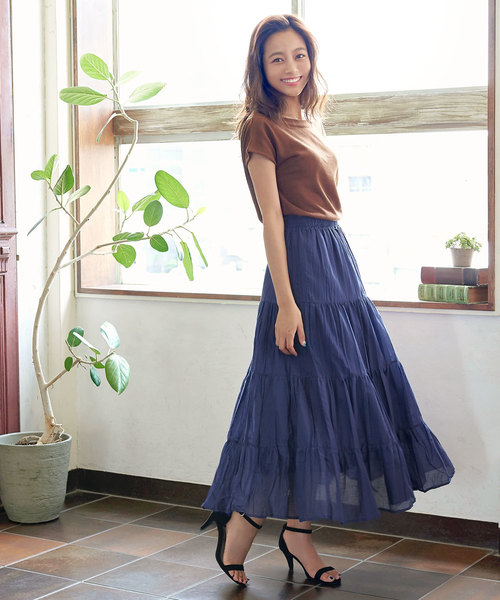 KOBE LETTUCE（コウベレタス）の「リネンタッチティアードマキシ丈フレアスカート（スカート・レディース・ベージュ/グリーン/パープル/ブラウン/ネイビー/ブラック/ダークベージュ/イエロー/ブルー/パープル系その他/アイボリー・FREE）」の21枚目の写真