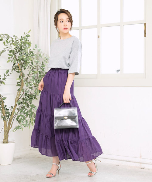 KOBE LETTUCE（コウベレタス）の「リネンタッチティアードマキシ丈フレアスカート（スカート・レディース・ベージュ/グリーン/パープル/ブラウン/ネイビー/ブラック/ダークベージュ/イエロー/ブルー/パープル系その他/アイボリー・FREE）」の22枚目の写真