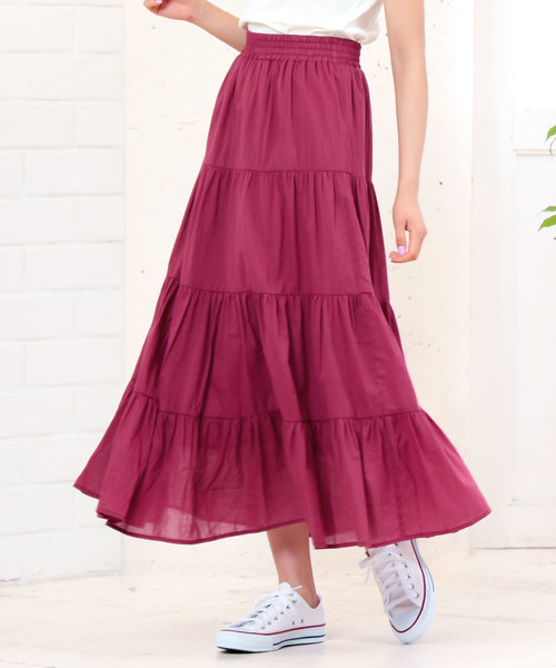 KOBE LETTUCE（コウベレタス）の「リネンタッチティアードマキシ丈フレアスカート（スカート・レディース・ベージュ/グリーン/パープル/ブラウン/ネイビー/ブラック/ダークベージュ/イエロー/ブルー/パープル系その他/アイボリー・FREE）」の10枚目の写真