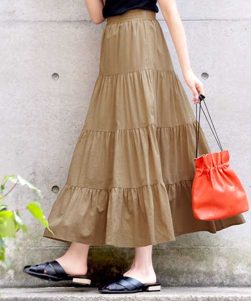 KOBE LETTUCE（コウベレタス）の「リネンタッチティアードマキシ丈フレアスカート（スカート・レディース・ベージュ/グリーン/パープル/ブラウン/ネイビー/ブラック/ダークベージュ/イエロー/ブルー/パープル系その他/アイボリー・FREE）」の6枚目の写真