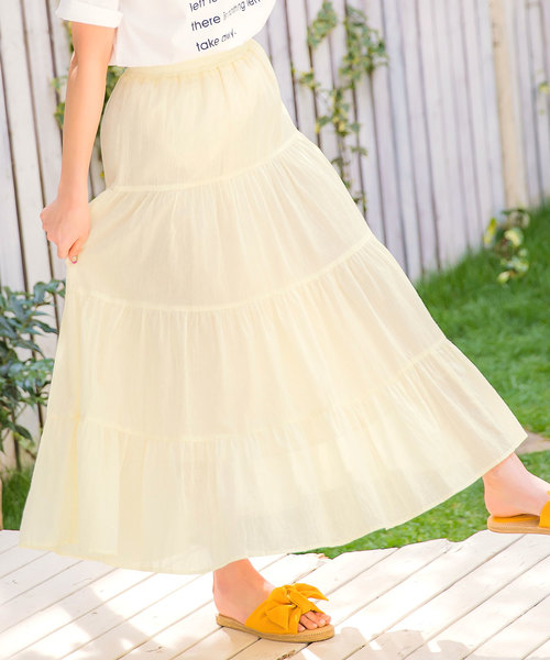 KOBE LETTUCE（コウベレタス）の「リネンタッチティアードマキシ丈フレアスカート（スカート・レディース・ベージュ/グリーン/パープル/ブラウン/ネイビー/ブラック/ダークベージュ/イエロー/ブルー/パープル系その他/アイボリー・FREE）」の2枚目の写真