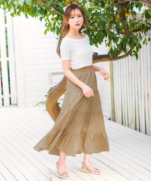 KOBE LETTUCE（コウベレタス）の「リネンタッチティアードマキシ丈フレアスカート（スカート・レディース・ベージュ/グリーン/パープル/ブラウン/ネイビー/ブラック/ダークベージュ/イエロー/ブルー/パープル系その他/アイボリー・FREE）」の12枚目の写真