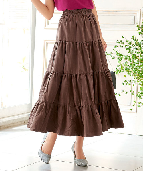 KOBE LETTUCE（コウベレタス）の「ピーチスキンタッチティアードマキシ丈フレアスカート＊レディース/ボトムス[M2252]神戸レタス（スカート・レディース・カーキ/ブラウン/バーガンディー/ブラック・FREE）」の3枚目の写真