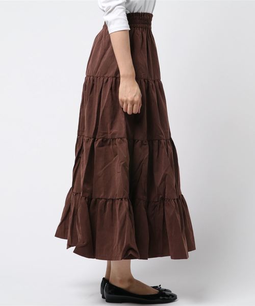 KOBE LETTUCE（コウベレタス）の「ピーチスキンタッチティアードマキシ丈フレアスカート＊レディース/ボトムス[M2252]神戸レタス（スカート・レディース・カーキ/ブラウン/バーガンディー/ブラック・FREE）」の5枚目の写真
