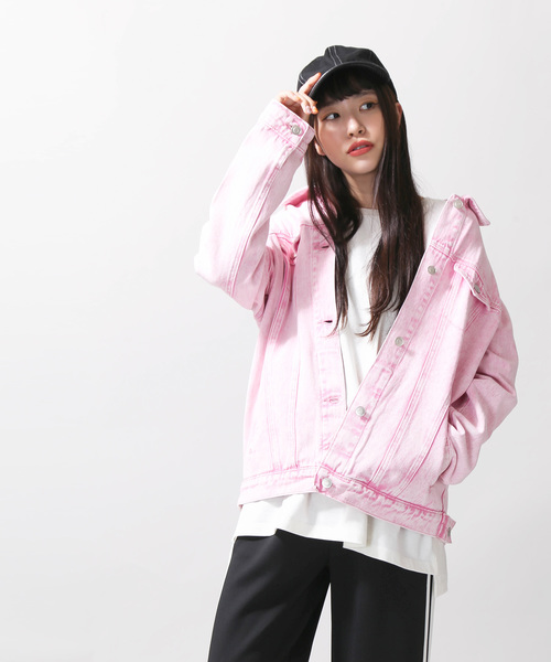 WEGO(ウィゴー)の「WEGO/ケミカルビッグシルエットGジャン(デニムジャケット・レディース・ピンク/インディゴブルー・FREE)」の7枚目の写真