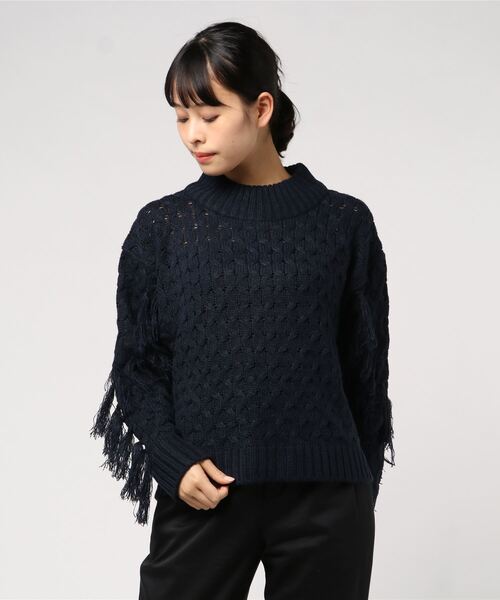STYLEBLOCK（スタイルブロック）の「ハイネックバルキーフリンジニット（ニット/セーター・レディース・ネイビー/カーキ/アイボリー/キャメル・M）」の3枚目の写真