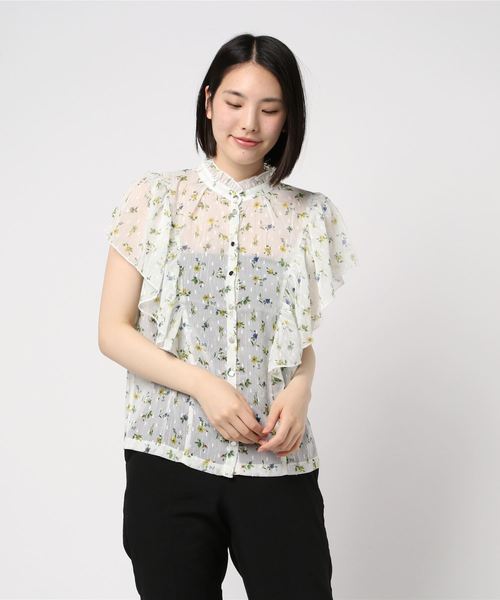 JETSET SOLO PLUS (ジェットセットソロプラス)の「ラメストライプ×フラワープリント フリルスリーブブラウス(シャツ/ブラウス・レディース・ネイビー/オフホワイト・FREE)」の1枚目の写真