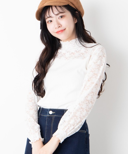 WEGO（ウィゴー）の「WEGO/レースシャーリングシアーハイネックTシャツ（Tシャツ/カットソー・レディース・ホワイト/ブラック・FREE）」の2枚目の写真