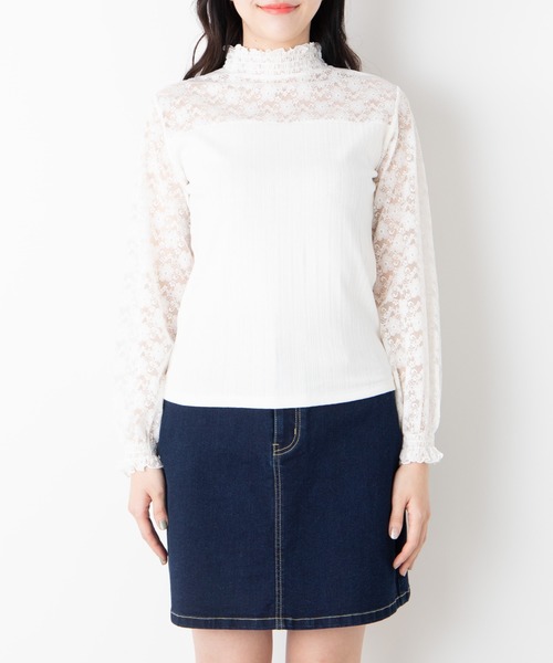 WEGO（ウィゴー）の「WEGO/レースシャーリングシアーハイネックTシャツ（Tシャツ/カットソー・レディース・ホワイト/ブラック・FREE）」の9枚目の写真