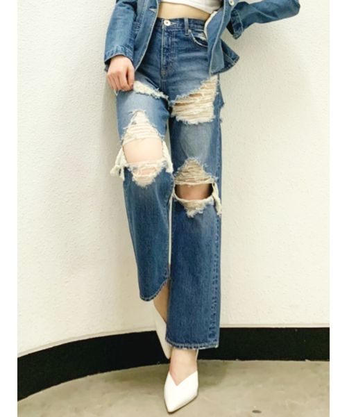 GYDA(ジェイダ)の「crazy crashワイドデニムパンツ(デニムパンツ・レディース・ブルー/ライトブルー・X-SMALL/SMALL/MEDIUM)」の2枚目の写真