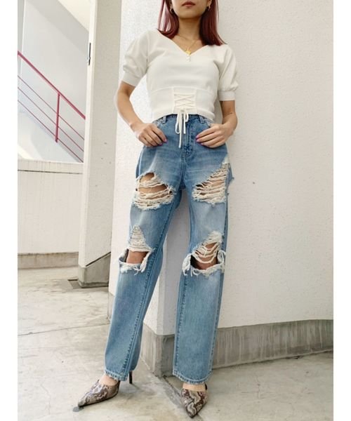 GYDA(ジェイダ)の「crazy crashワイドデニムパンツ(デニムパンツ・レディース・ブルー/ライトブルー・X-SMALL/SMALL/MEDIUM)」の12枚目の写真