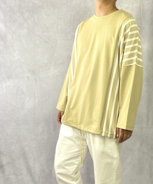 Beno（ビーノ）の「ミニ裏毛 / ストライプ スイッチ 裾スピンドル ビッグシルエット ロンT（Tシャツ/カットソー・メンズ・ブラック/ベージュ/オフホワイト/カーキ・FREE）」の3枚目の写真