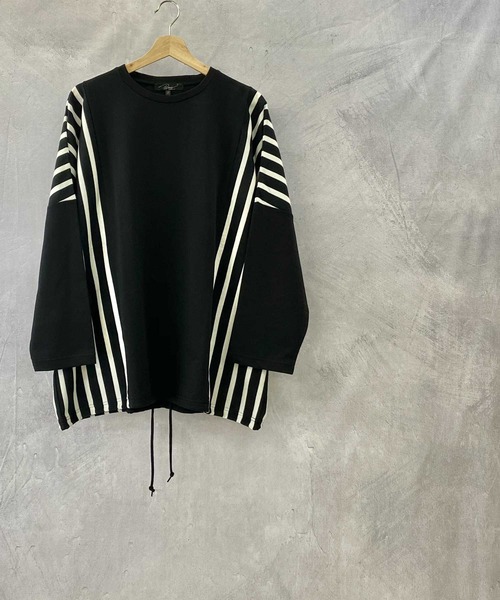 Beno（ビーノ）の「ミニ裏毛 / ストライプ スイッチ 裾スピンドル ビッグシルエット ロンT（Tシャツ/カットソー・メンズ・ブラック/ベージュ/オフホワイト/カーキ・FREE）」の15枚目の写真