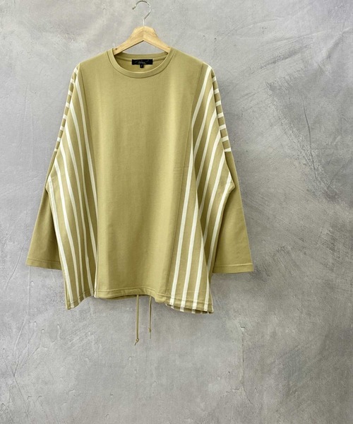 Beno（ビーノ）の「ミニ裏毛 / ストライプ スイッチ 裾スピンドル ビッグシルエット ロンT（Tシャツ/カットソー・メンズ・ブラック/ベージュ/オフホワイト/カーキ・FREE）」の19枚目の写真